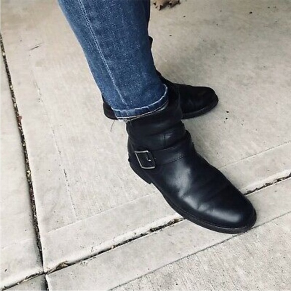 $388 Frye Natalie Engineer Black Leather  Short Moto Belted Casual Lug AnkleBoot - Picture 6 of 16